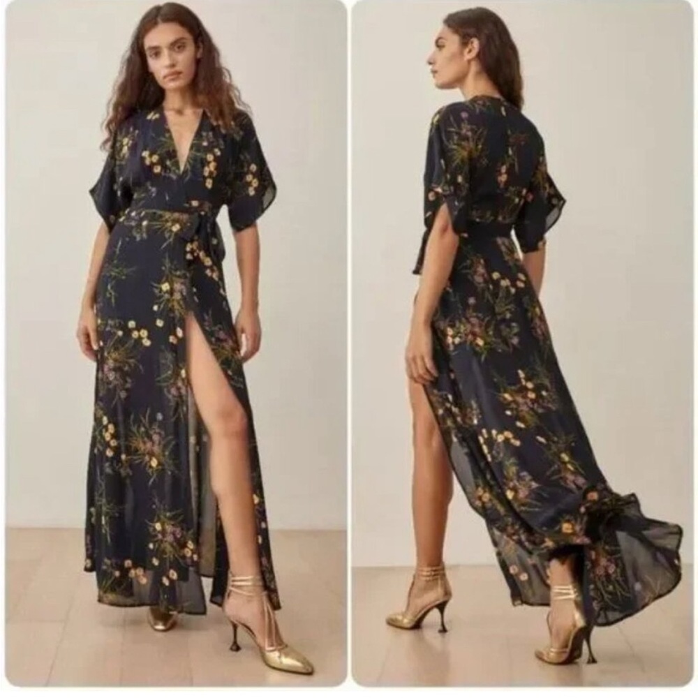 This is a Reformation floral wrap midi dress in the Mademoiselle